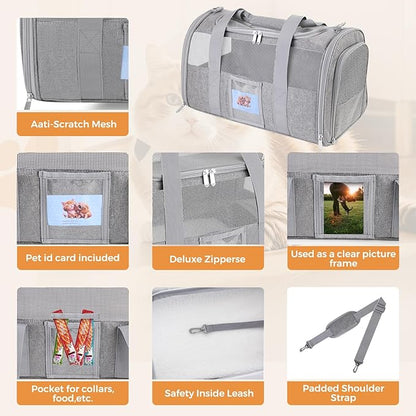 FOORLON Cat Carrier Soft for Pets Up to 25 Lbs, Cat Travel Bag with Padded Shoulder Strap and Detachable Cat Food Bowl, Pet Dog Carriers for Small Dogs Travel Puppy Carry Airline Approved, Grey