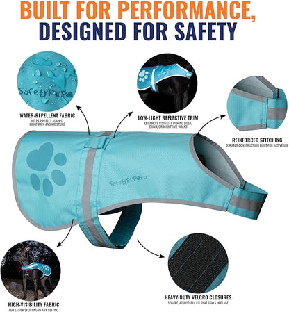 SafetyPUP XD Dog Reflective Vest – Hi-Vis Fluorescent Visibility That Helps to Safeguard Your Pet On/Off Leash in Urban & Rural Areas (Teal, Small)