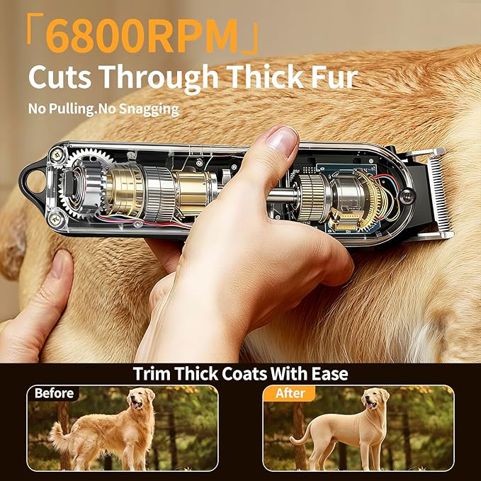 LQTⓇ Pet Electric Trimmer, Transparent Edition, Quiet Design, Wireless USB Charging, LED Digital Display. Suitable for Pets with Thick Coats.