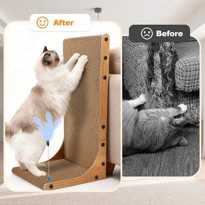 Goosheep Cat Scratching Post, 3-in1 Scratching Board for Indoor Cats, 2PK 22in L-Shaped Cat Scratcher with 1PK Cardboard Box Scratch Pad, Cats Scratch Furniture Protector with Feathered Toy