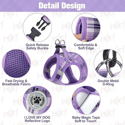 BEAUTYZOO Small Dog Harness and Leash Set,Step in No Choke No Pull Soft Mesh Dog Harnesses Reflective for Extra-Small Medium Puppy Dogs and Cats, Plaid Dog Vest Harness for XS S Pets, Purple XS