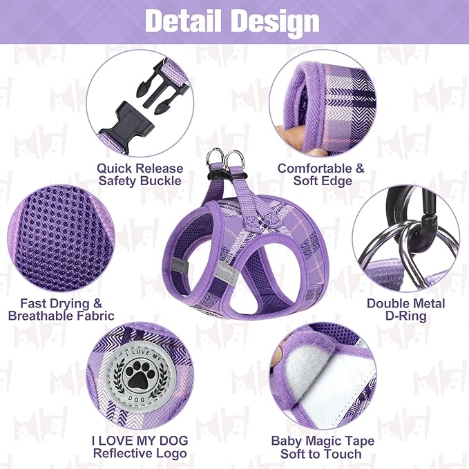 BEAUTYZOO Small Dog Harness and Leash Set,Step in No Choke No Pull Soft Mesh Dog Harnesses Reflective for Extra-Small/Small Medium Puppy Dogs and Cats, Plaid Dog Vest Harness for XS S Pets, Purple XXS