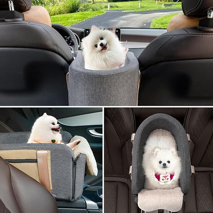 Cathpetic Console Dog Car Seat Cat Carrier - Pet Car Booster Seat on Cars' Armrest Travel Bags for Cats Dogs with Easy Carrying Strap Dog Travel Carrier with Safety Tethers