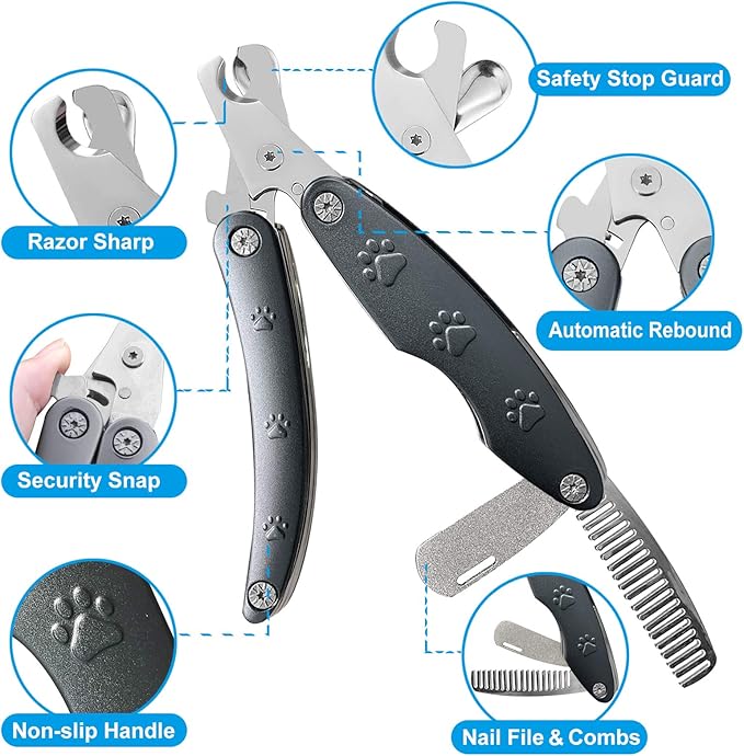 2025 Silent Design Nail Clipper for Anxiety Sensitive Dogs, Sharp Blade Cut Thick Nail Smoothly, 3 in 1 Compact Build-in Nail File & Comb, Heavy Duty Manual Professional Dog Nail Clipper