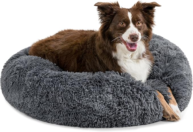 PetAmi Calming Dog Bed for Small & Medium Dogs and Cats, 30” Round Donut Dog Bed, Washable Fluffy Faux Fur Puppy & Cat Bed, Anti-Anxiety Plush Cuddler Pet Bed with Anti-Slip Bottom - Dark Gray