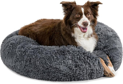 PetAmi Calming Dog Bed for Small & Medium Dogs and Cats, 30” Round Donut Dog Bed, Washable Fluffy Faux Fur Puppy & Cat Bed, Anti-Anxiety Plush Cuddler Pet Bed with Anti-Slip Bottom - Dark Gray