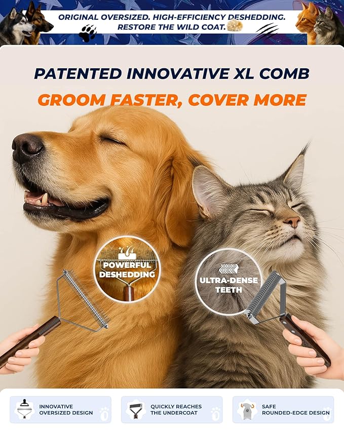 Extra Large 2-Sided Dog Brush For Shedding Undercoat Rake for Dogs & Cats, Remove Mats, Dematting Comb,Gentle Grooming Brush for German Shepherds Medium to Long-Haired Pets(Premium Walnut Handle)