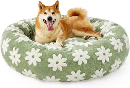 Lesure Shown on TV Donut Large Dog Bed - XL Washable Round Sofa Indoor Anti-Anxiety Calming Gift for Pets, Orthopedic Home Decor Cute Bed with Jacquard Shaggy Plush & Anti Slip Bottom, 36 Inch, Green
