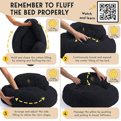 PetJett Calming Dog Beds Large Sized Dog - 36'' Round Bed, Anti-Slip & Washable Super Soft Donut Bed, Fluffy Faux Fur Anti-Anxiety Premium Comfort Pet Bed, Fits Dogs up to 80 lbs - Black