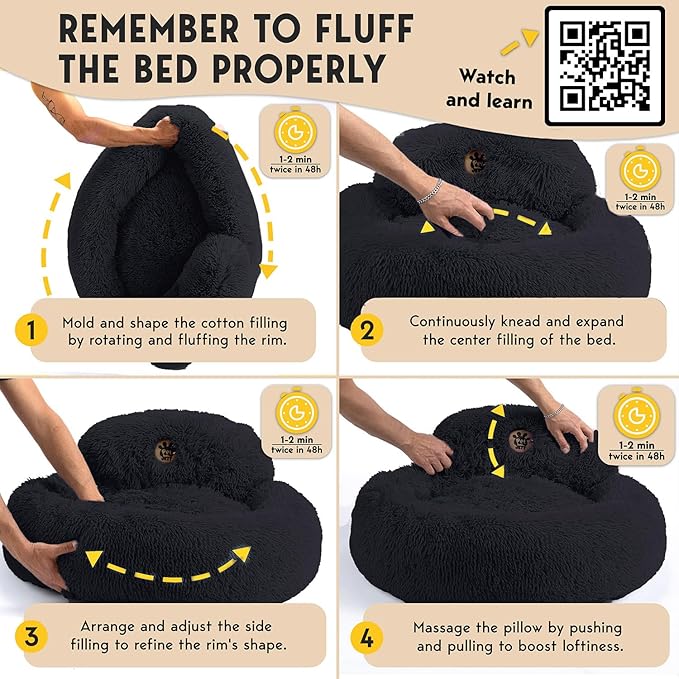 PetJett Calming Dog Bed Medium Size Dog - 30'' Donut Bed, Anti-Slip & Washable Super Soft Fluffy Plush Round Bed, Anti-Anxiety Premium Comfort Pet Bed, Fits Dogs up to 45 lbs - Black