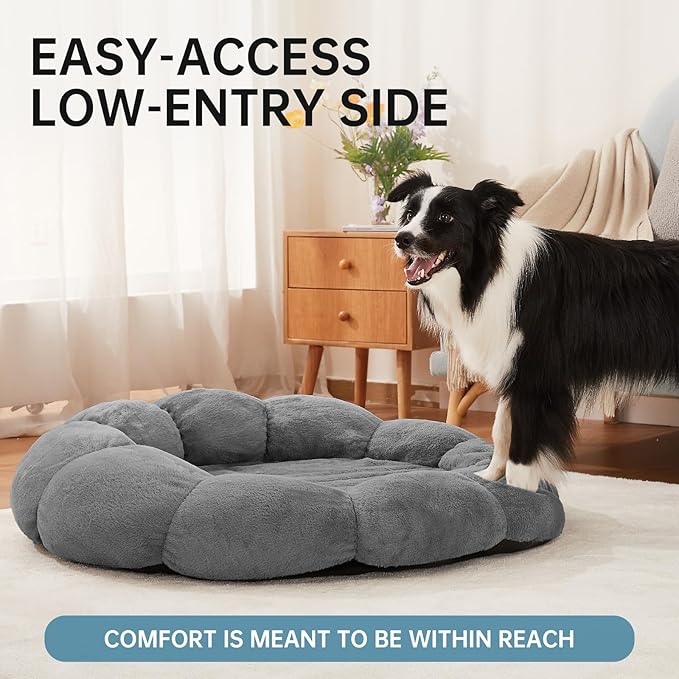 OhGeni 36 inches Calming Donut Orthopedic Dog & Cat Bed for Large Pets, Warming Comfort Fluffy Short Pile Fur, Durable Waterproof Machine Washable Removable Cover, Cute Round Bed for Puppy, Dark Gray