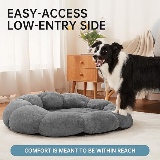 OhGeni 36 inches Calming Donut Orthopedic Dog & Cat Bed for Large Pets, Warming Comfort Fluffy Short Pile Fur, Durable Waterproof Machine Washable Removable Cover, Cute Round Bed for Puppy, Dark Gray