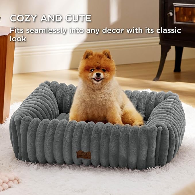 Bedsure ComfyFleece Cute Dog Bed for Small Medium Dogs - Washable Furry Puppy Beds, Rectangle Orthopedic Corduroy Fleece Pet Beds with Removable Zipper Cover, 25x21x7inches, Warm Grey