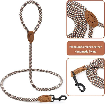 Mile High Life Rope Leash with Genuine Leather Connection, 6 FT/5 FT/4 FT, Heavy Duty Leash for Medium & Large Dogs (Brown, 48 Inch)