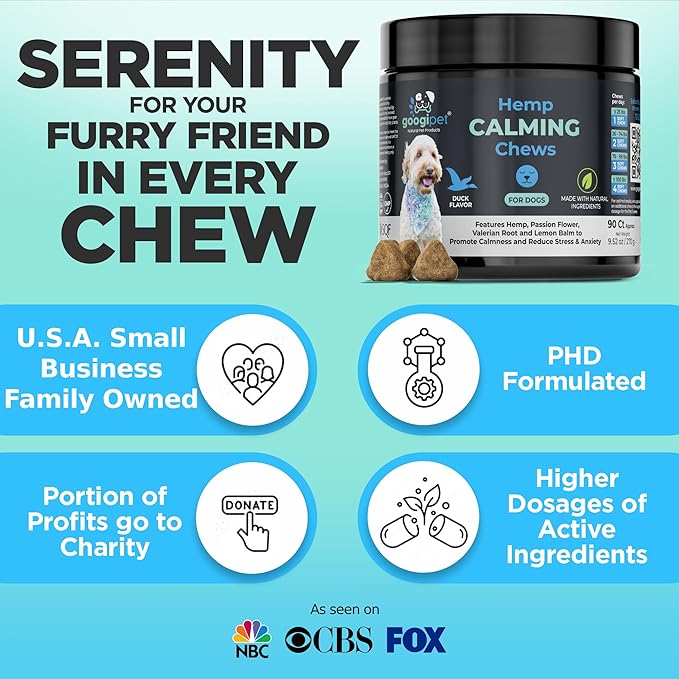 Googipet Daily Hemp Calming Chews for Dogs - Separation Anxiety Relief for Dogs, Non-Drowsy Dog Calming Chews - Anxiety Relief Treats with Valerian Root, & Hemp