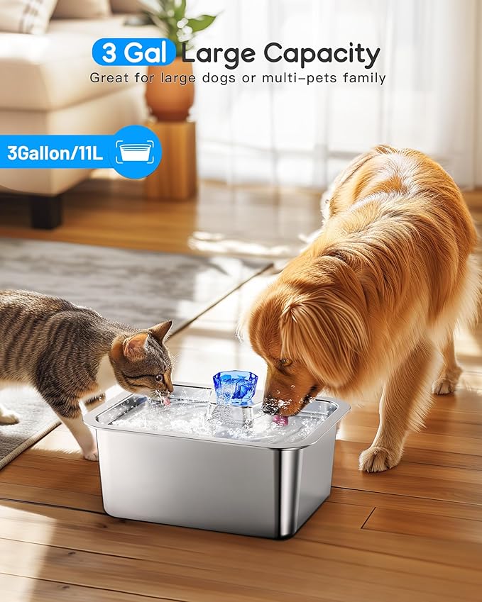 3 Gallon Large Dog Water Fountain, Stainless Steel Pet Water Fountain for Large Dogs, Automatic Big Dog Water Bowl Dispenser Drinking with 2 Filters, Easy to Clean, Quiet Pump