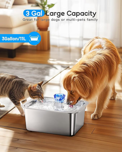 3 Gallon Large Dog Water Fountain, Stainless Steel Pet Water Fountain for Large Dogs, Automatic Big Dog Water Bowl Dispenser Drinking with 2 Filters, Easy to Clean, Quiet Pump