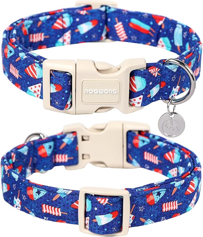 DOGWONG Cotton Dog Collar, Popcile Summer Dog Collar Durable Soft Natural Fabric Pet Dog Collar Cute Blue Ice Cream Puppy Necklace for Small Medium Large Dogs