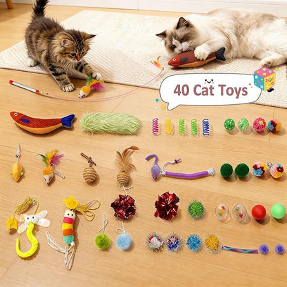 MOYMO 41 Pcs Interactive Cat Toys for Indoor Cats, Kitten Toys with Cute Cat House Bed, Catnip Toys, Chew Rope, Feather Wand, Springs and Balls for Indoor Kittens