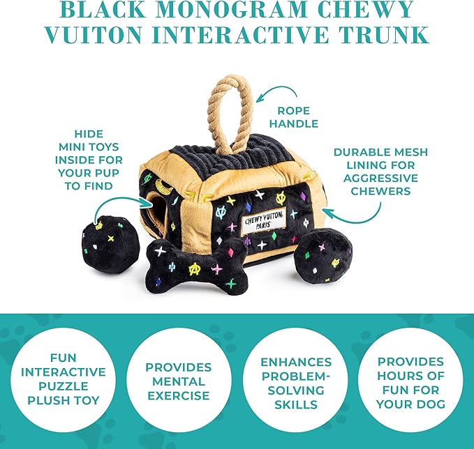 Haute Diggity Dog Black Monogram Chewy Vuiton Interactive Trunk, Plush Designer Dog Toys with Interactive Squeaker, Stimulating Pet Enrichment, Machine-Washable & Safe Materials for All Breeds