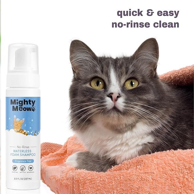 Mighty Meow Waterless Foam Shampoo for Cats - No Rinse, Dry Shampoo for Cats - Eliminates Odors - Gentle & Anti-Itch - Natural & Hypoallergenic Waterless Cat Shampoo – Fragrance Free - 8 fl oz