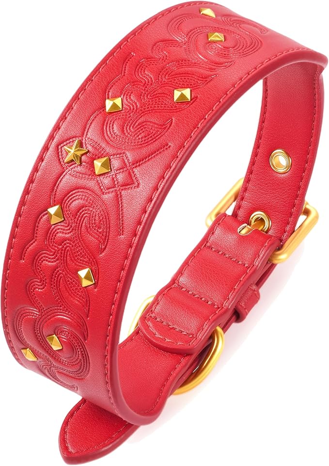 Blueberry Pet Premium Embossed Red Glam Silver-Powered Freshness Microfiber Leather Dog Collar with Gold Studs