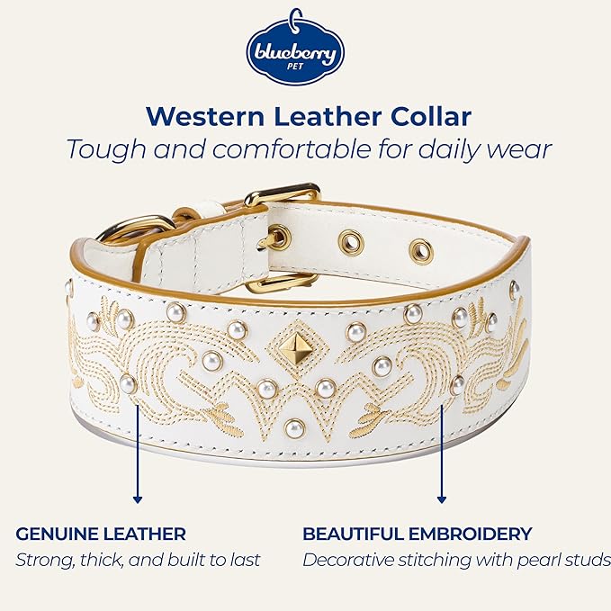 Blueberry Pet Western Dog Collar in Pearl White - Genuine Leather Dog Collars for Medium Dogs & Large Dogs with Floral Embroidery, Adjustable 18-22 Inch, Cowboy Style, Pearl Studs