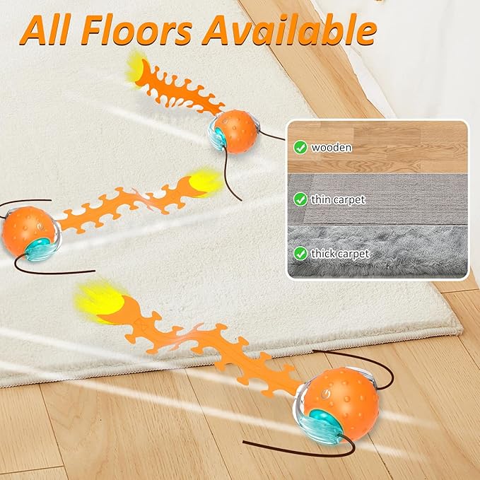 Waaiio Cat Toys Interactive Ball with Bird Chirping Centipede Tail,Automatic Fast Rolling Cat Ball,Touch Activated Rechargeable Toys for Bored Indoor Adult Cats
