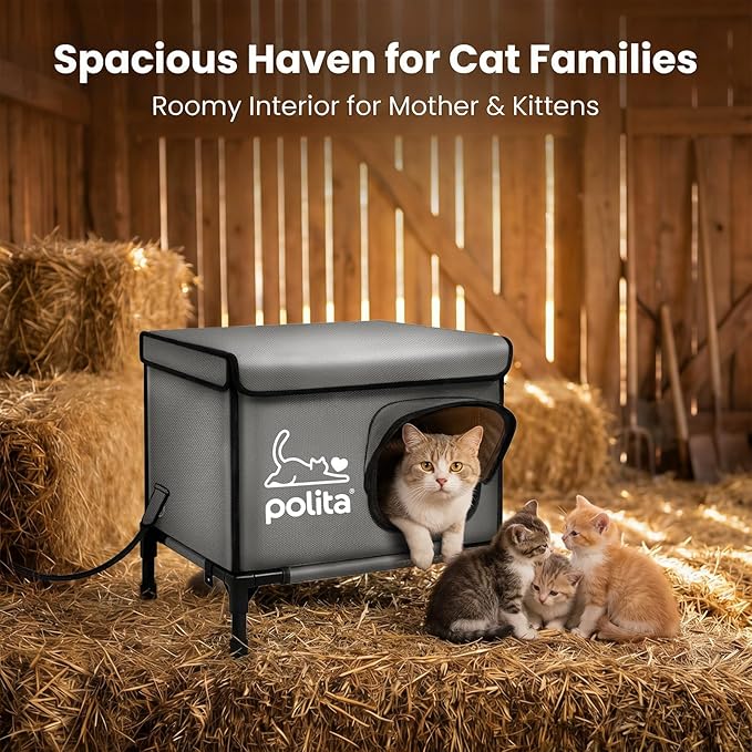 Polita Indestructible Heated Cat House for Outdoor Cats in Winter, Extremely Insulated & 100% Weatherproof, Elevated Feral Cat Shelter with Waterproof Eaves & Safe Escape Door for Stray & Barn Cats