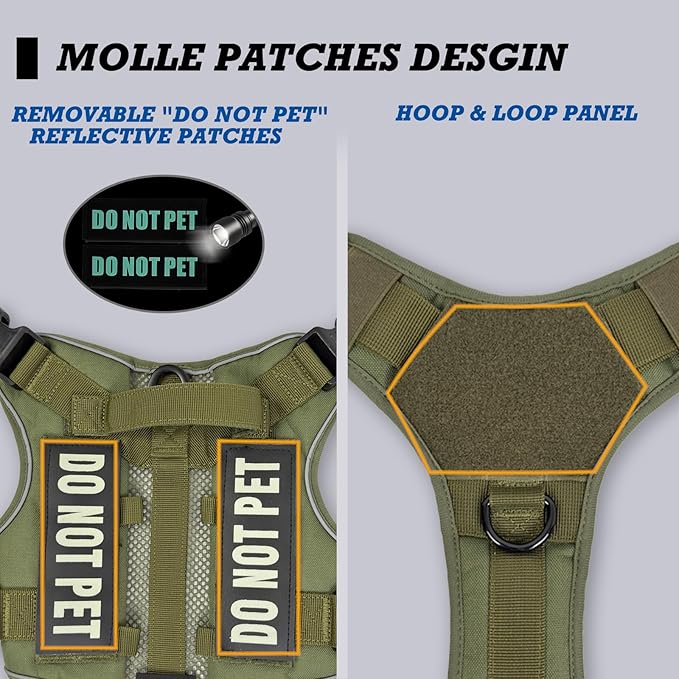 Tactical Dog Harness for Medium and Large Breeds, Air Dog Vest No Pull with Reflective Do Not Pet Patches, Breathable Dog Molle Vests for Training Walking Hunting Green