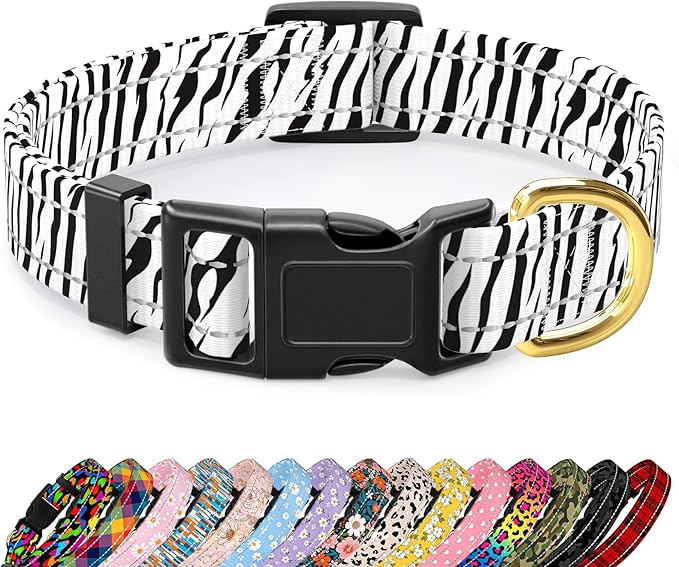 Reflective Dog Collar for Large Dogs, Cute Boho Adjustable Heavy-Duty Nylon Puppy Collar for Boy and Girl Female, Soft Pet Accessories with Quick Release Buckle, Stylish Zebra Print