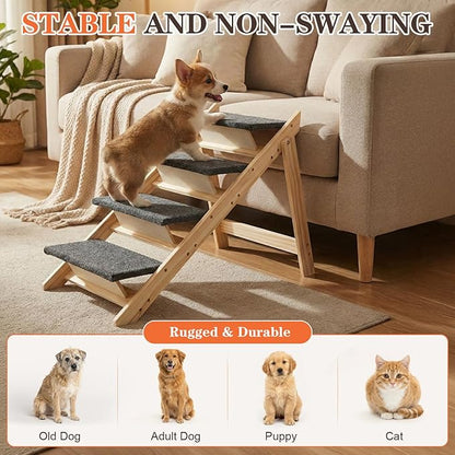 Dog Stairs/Steps, 2-in-1 Foldable Wooden Pet Stairs, Wood Frames and Non-Slip Carpet Suitable for High Beds, Car, Couch, Durable Wooden Dog Stairs for Small Medium and Large Dogs,4 Steps