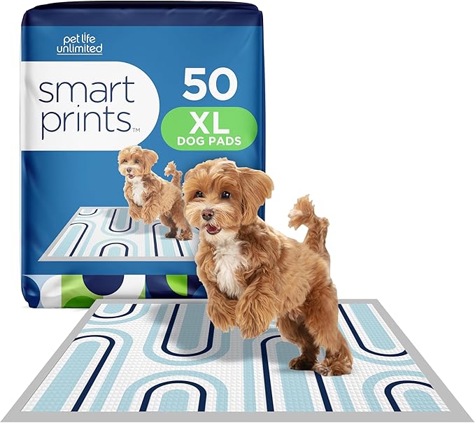 Pet Life Unlimited Smart Prints Extra Large Puppy Pads – 26" x 30", 50 Count (XL) | Stylish Dog Training Pads with Odor Controlling Wetness-Activated Sweet Bluegrass Scent | USA Made