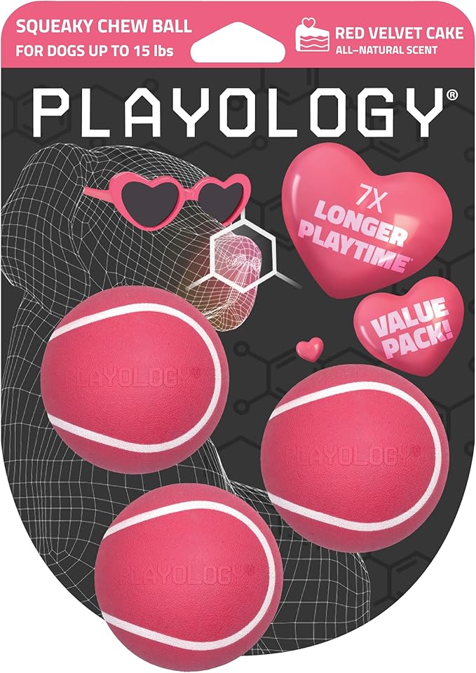 Playology Dog Toys | Squeaky Chew Ball - Bouncy Durable Floating Fetch Ball for Dogs, Value 3-Pack | Small Red Velvet Cake Limited Edition Valentine's Toy - Made from Non Toxic Materials