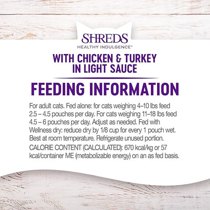 Wellness Healthly Indulgence Shreds Adult Wet Cat Food, Natural, Protein-Rich, Grain Free, 3 Ounce Pouch, 24 Pack, (Chicken & Turkey)