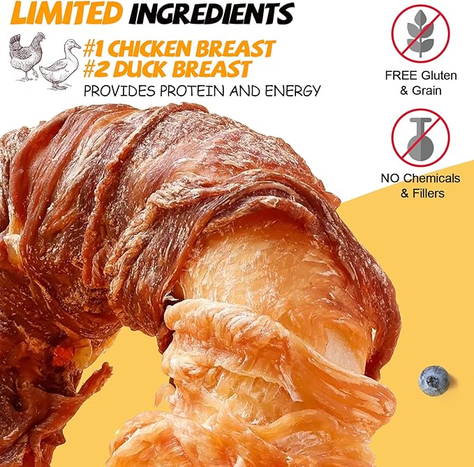 ASMPET Dog Donut Treats, Chicken Duck Wrapped Rawhide Donuts, Dental Care Dog Chews (Pack of 4)