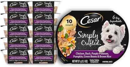 Cesar Simply Crafted Adult Wet Dog Food Toppers for Dry Food, Chicken, Duck, Purple Potatoes, Pumpkin, Green Beans & Brown Rice, 1.3 oz Tubs, 10 Count