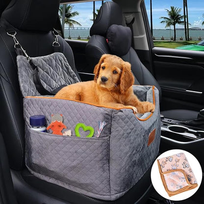 AlfaTok Memory Foam Booster Dog Car Seat with Washable Removable Cover, Elevated Pet Car Seat, Anti-Slip Sturdy Booster Seats for Small Dogs 35lbs, Seat Belt, Storage Pocket, Dog Blankets