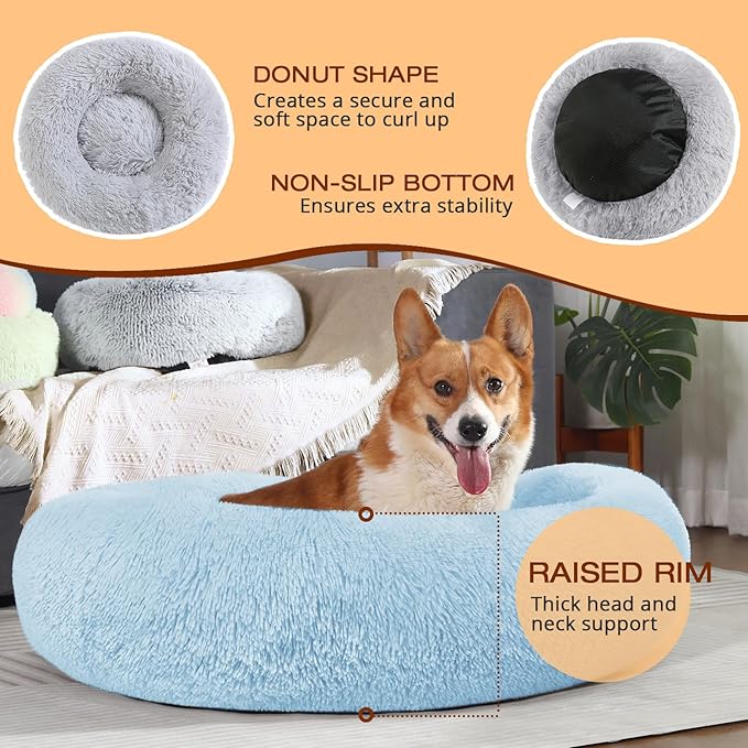 JOLLYVOGUE Dog & Cat Bed, Calming Anti-Anxiety Pet Bed for Small Dogs, Fluffy Donut Cushion for Small and Medium Pets (23")