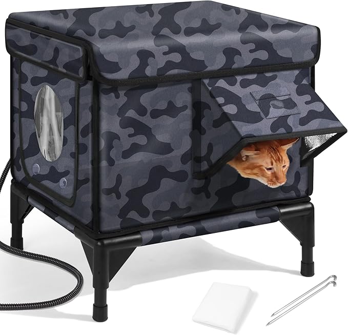 Heated Cat House for Outside,Dual Camera Mounts,100% Weatherproof & Extremely Insulated,Elevated Feral Cat Shelter with Escape Door,Waterproof Eaves for Outdoor Stray Barn Cat(Dark Camo,S)