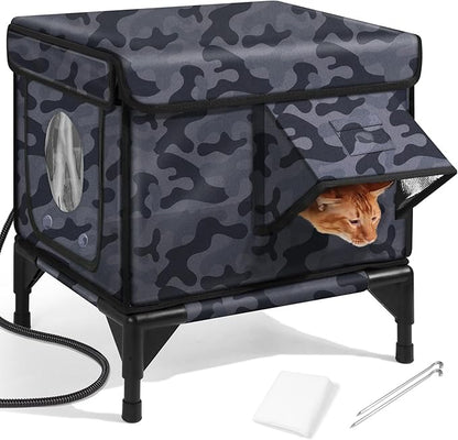 Heated Cat House for Outside,Dual Camera Mounts,100% Weatherproof & Extremely Insulated,Elevated Feral Cat Shelter with Escape Door,Waterproof Eaves for Outdoor Stray Barn Cat(Dark Camo,S)