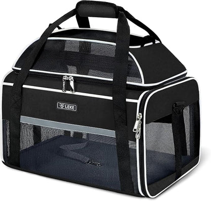 Lekereise Top-Expandable Pet Carrier 17x11x9.5 Inch Alaska Hawaiian Airline Approved Soft Sided Underseat to 12lbs Travel Carriers for Small Cats and Dogs with Locking Safety Zippers Anti-Scratch Mesh