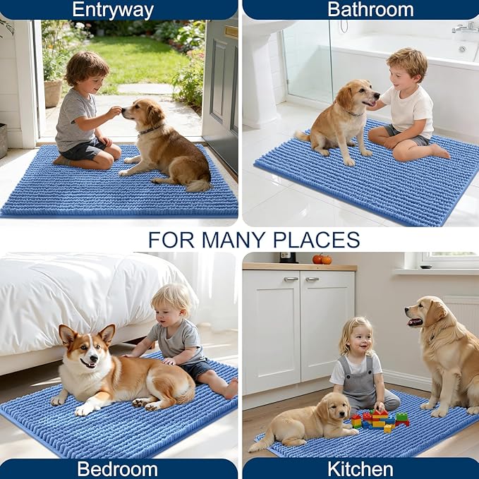 OLANLY Dog Door Mat for Muddy Paws 30x20, Ultra Absorbent Chenille Mud Doormat, Non-Slip Washable and Dirt Trapping Doormat for Indoor Entryway, Quick-Dry Indoor Pet Bed Mats for Dogs, Cornflower Blue