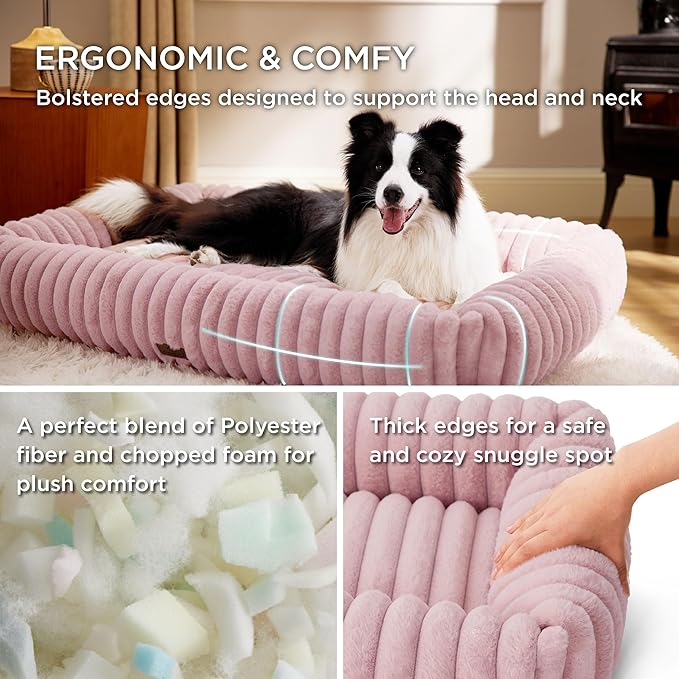 Bedsure ComfyFleece Cute Dog Bed for Large Dogs - Washable Furry Puppy Beds, Rectangle Orthopedic Corduroy Fleece Pet Beds with Removable Zipper Cover, 36x27x8inches, Blush Pink