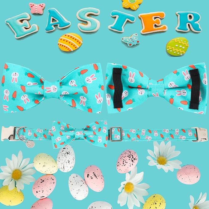 UP URARA PUP Easter Dog Collar with Bow Tie, Cotton Easter Bowtie Collar for Puppy Girl Boy Dog or Cat, Cute Carrot Pet Collar with Metal Buckle, Easter Gift Rabbit Dog Collar, XS