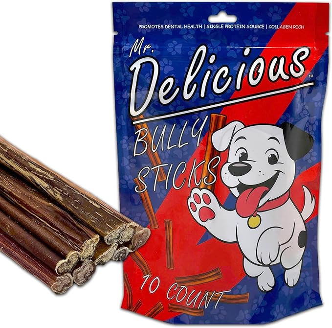 Mr. Delicious Bully Sticks for Dogs, 10 Count, 6 Inch Medium, Consistent Thickness, All Natural, Grass Fed, Rawhide-Free, Single Ingredient, Long Lasting Dog Chews