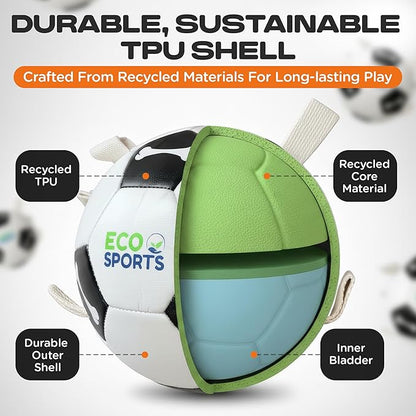 Eco Sports Small Dog Soccer Ball with Straps – Size 2, Interactive Durable Dog Soccer Ball with Cotton Grab Tabs for Fetch Training and Outdoor Play, for Small Size Pets and Puppies