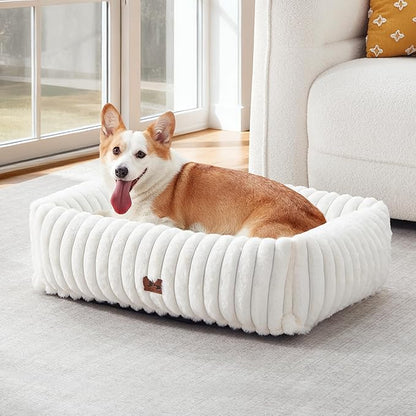 Warmrest Washable Dog Bed for Small Medium Dogs - Rectangle Orthopedic Corduroy Fleece Pet Bed with Removable Cover and Nonskid Bottom, Calming Puppy Bed Soft Pet Sofa, Cream(30x24x8inchs)