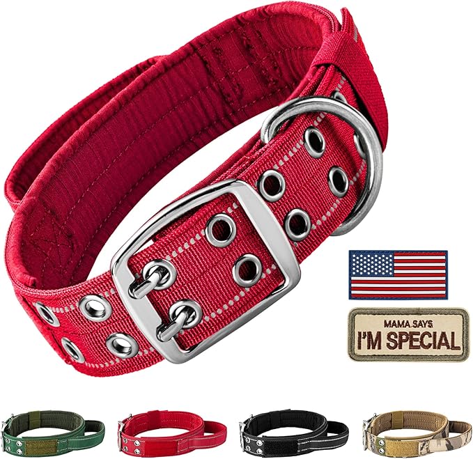 Annchwool Tactical Dog Collar for Medium and Large Dog,Adjustable Military Dog Collar with Soft Padded Handle,Heavy Duty Double Buckle Design(Red,M)
