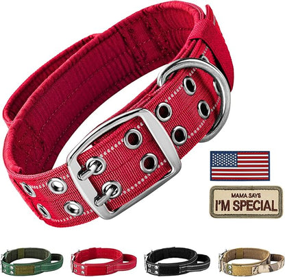 Annchwool Tactical Dog Collar for Medium and Large Dog,Adjustable Military Dog Collar with Soft Padded Handle,Heavy Duty Double Buckle Design(Red,M)